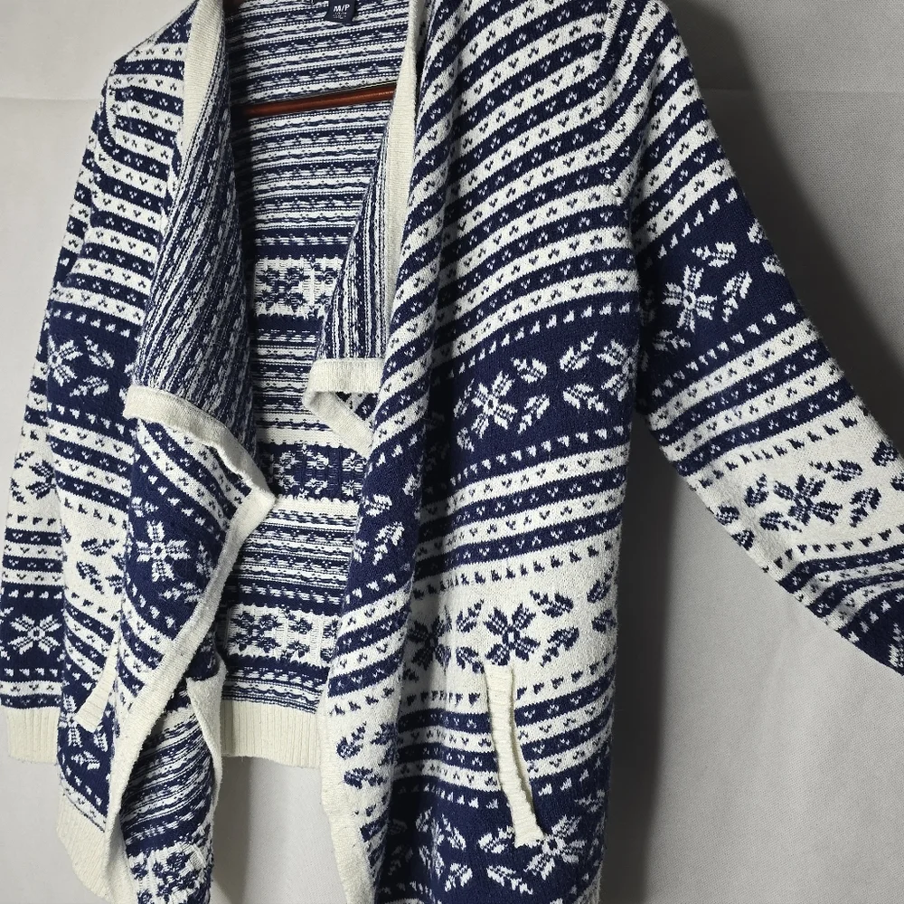Lands' End Fair Isle Sweater Open Cardigan Navy Ivory Nordic Print Cabincore M - Picture 5 of 13